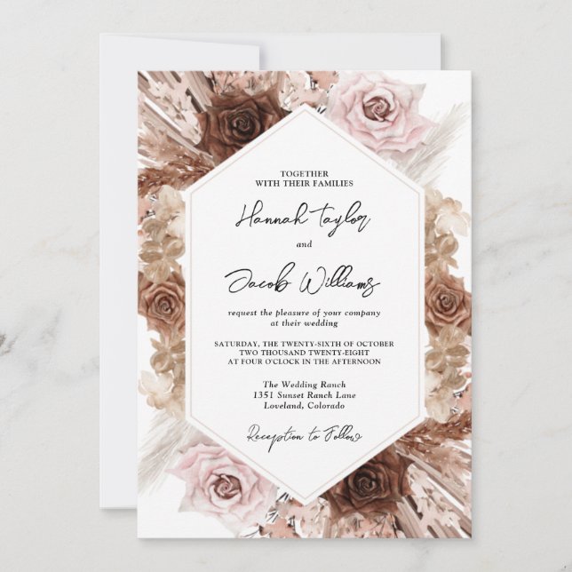 Boho Pampas Grass Floral Wedding Invitation (Front)