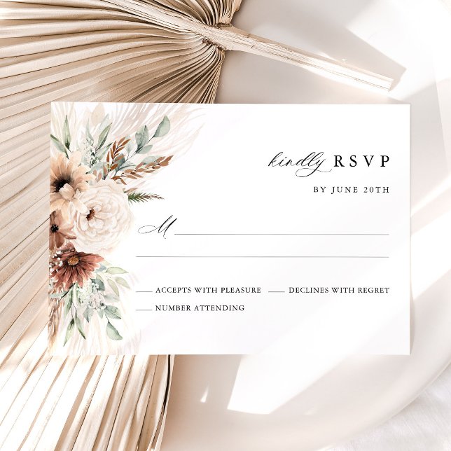 Boho Pampas Grass Floral Wedding RSVP Card (Boho pampas grass floral RSVP card, rustic beige terracotta sage green neutral wedding stationery)