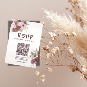 Boho Pampas Grass Floral Wedding RSVP QR Code  Card