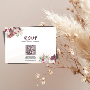 Boho Pampas Grass Floral Wedding RSVP QR Code  Card