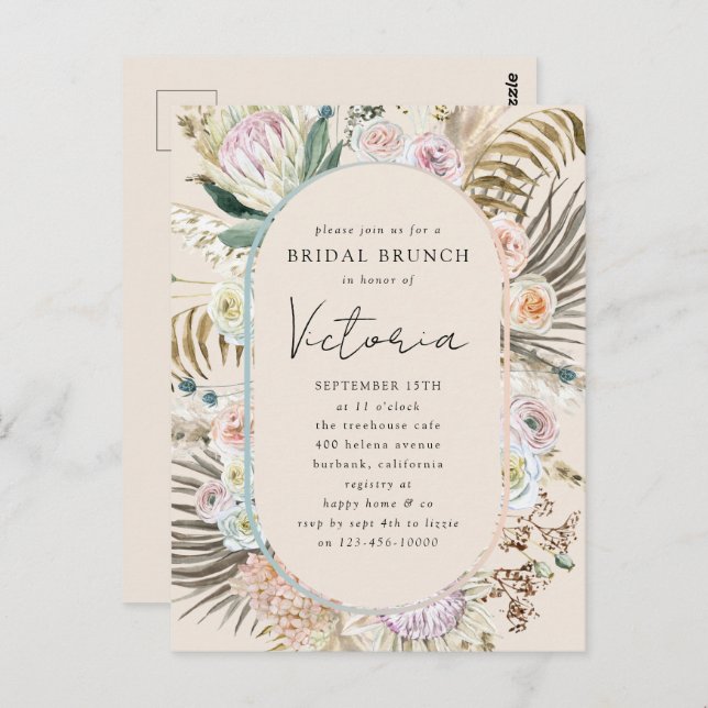 Boho Pampas Grass Florals Bridal Brunch Invitation Postcard (Front/Back)