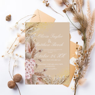 Boho Pampas Grass Flowers Dusty Golden Wedding Invitation