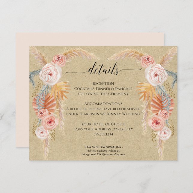Boho Pampas Grass Foliage Kraft Wedding Details Invitation (Front/Back)
