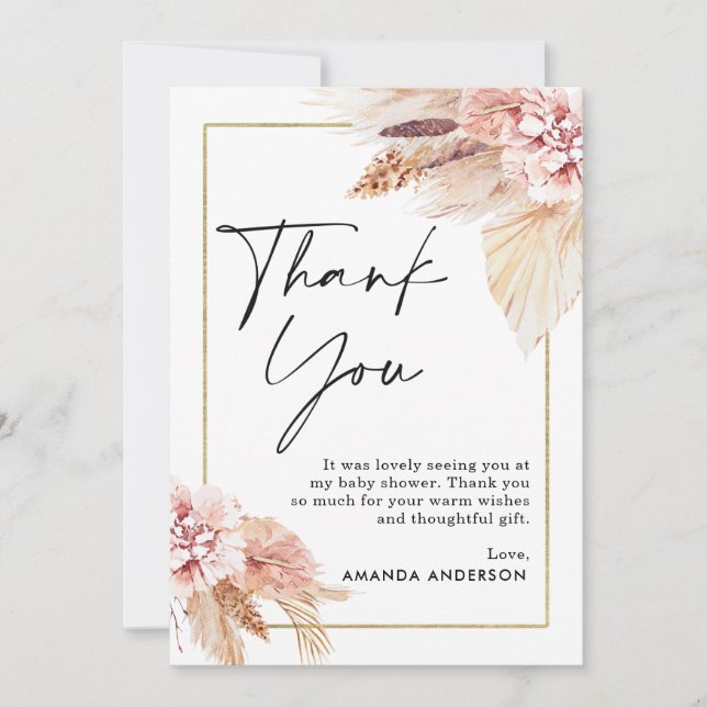 Boho Pampas Grass Frame Baby Shower Thank You Card (Front)