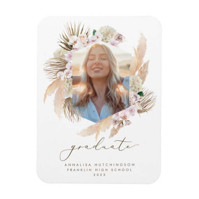 Boho Pampas Grass Frame Photo Graduation Magnet (Vertical)
