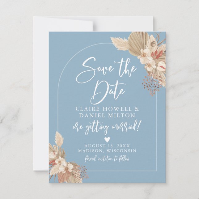 Boho Pampas Grass French Blue Save The Date (Front)