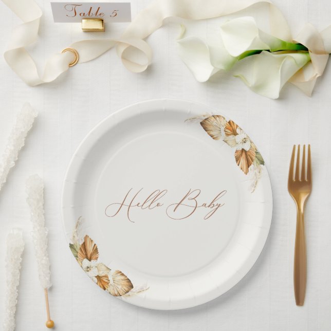 Boho Pampas Grass Gender Neutral Hello Baby Paper Plate (Wedding)