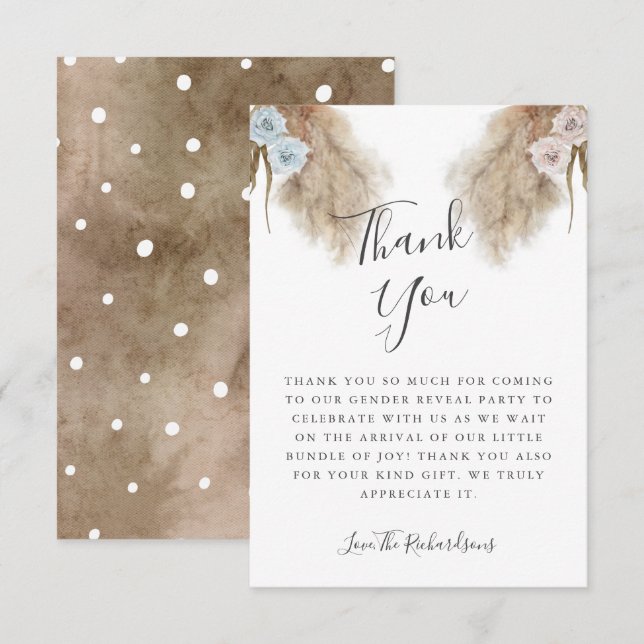 Boho Pampas Grass Gender Reveal Party  Thank You Card (Front/Back)