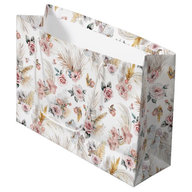 Boho Pampas Grass Gift Bag Blush Floral (Front Angled)