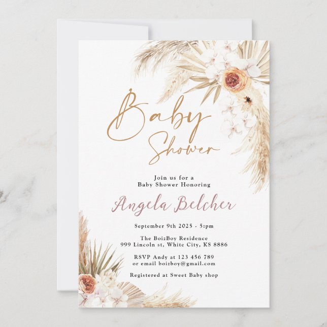 Boho pampas Grass Girl Baby Shower Invitation (Front)