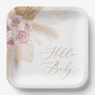 Boho Pampas Grass Girl Baby Shower Paper Plate