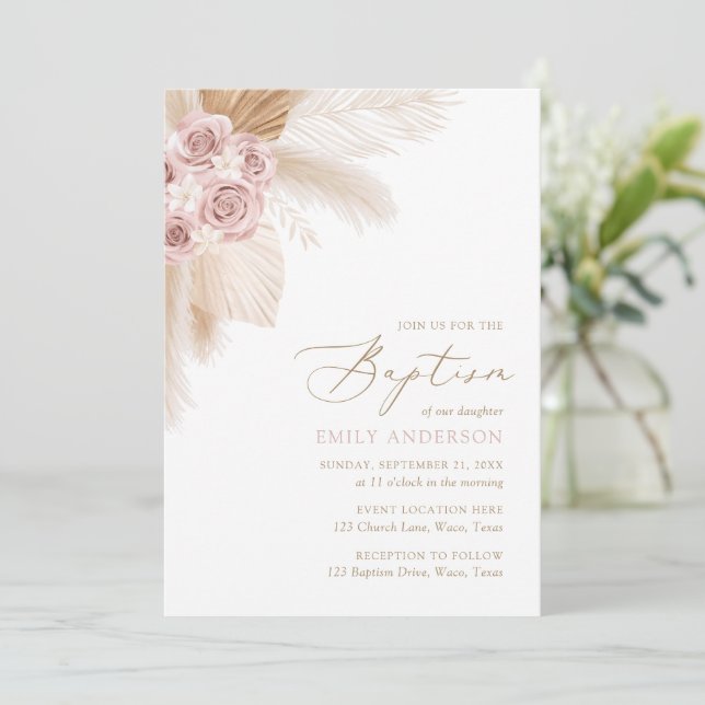 Boho Pampas Grass Girl Baptism Invitation (Standing Front)