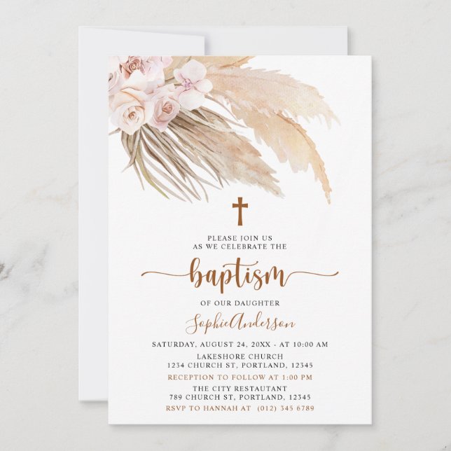 Boho Pampas Grass Girl Baptism Invitation (Front)