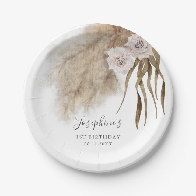 Boho Pampas Grass Girl Birthday Party Paper Plate (Front)