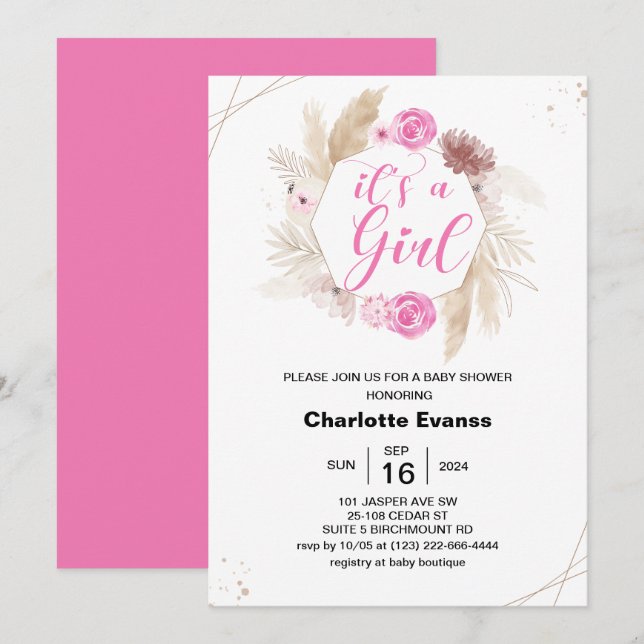Boho Pampas Grass Girl Pink Flowers Baby Shower Invitation (Front/Back)