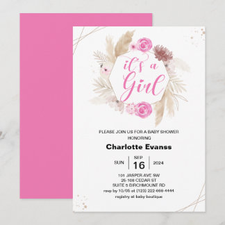 Boho Pampas Grass Girl Pink Flowers Baby Shower Invitation