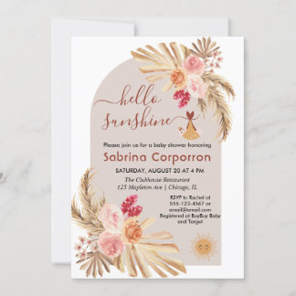 Boho Pampas Grass Hello Sunshine girl baby Shower Invitation