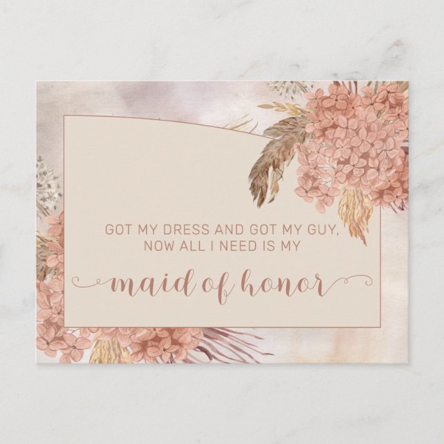 Boho Pampas Grass |Hydrangea Maid of Honour Reques Invitation Postcard (Front)