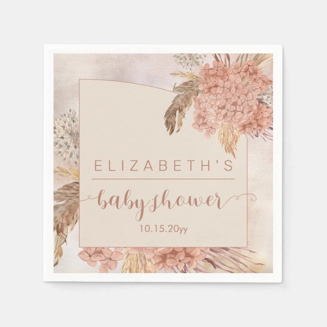 Boho Pampas Grass | Hydrangeas Girl Baby Shower  N Napkin (Front)