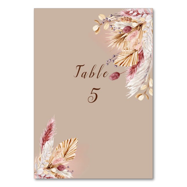 Boho Pampas Grass Leaves Palm Frond Table Number (Front)