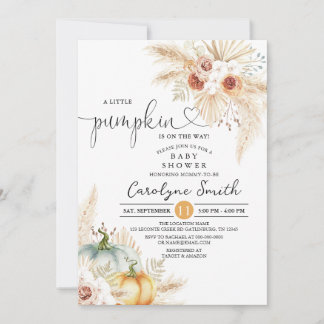 Boho Pampas Grass Little Pumpkin Baby Shower Invitation