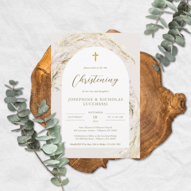 Boho Pampas Grass Mondern Twins Christening Invitation (Creator Uploaded)