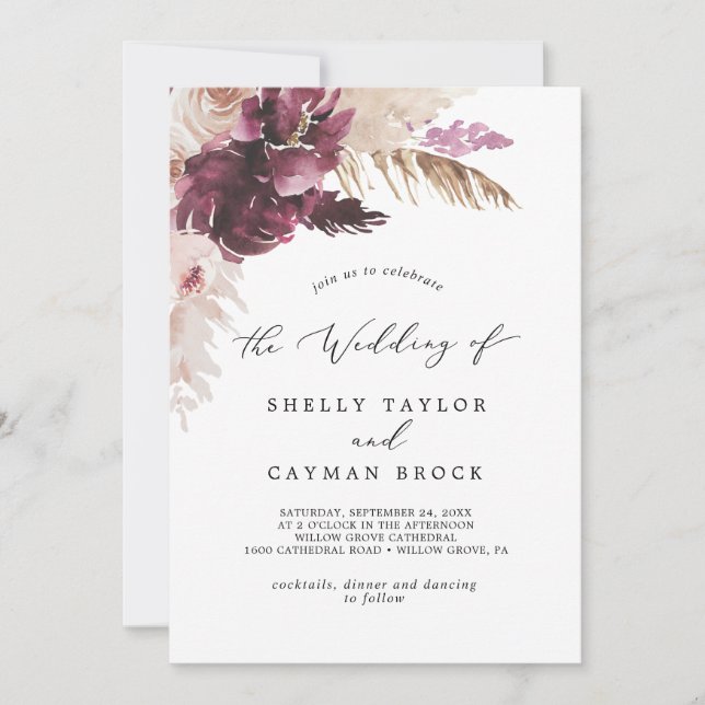 Boho Pampas Grass Monogram Back Wedding Invitation (Front)