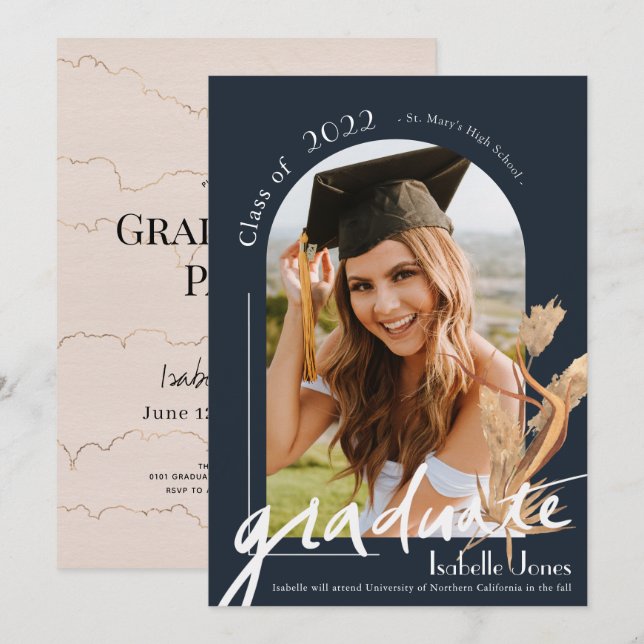 Boho Pampas Grass Navy Blue Arch Photo Graduation Invitation (Front/Back)