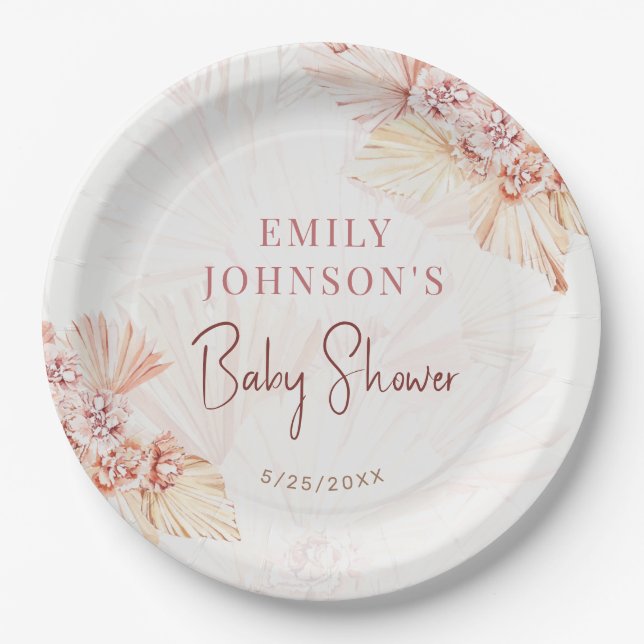 Boho Pampas Grass Neutral Baby Shower Bohemian Paper Plate (Front)