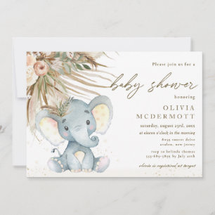 Boho Pampas Grass Neutral Elephant Baby Shower Invitation