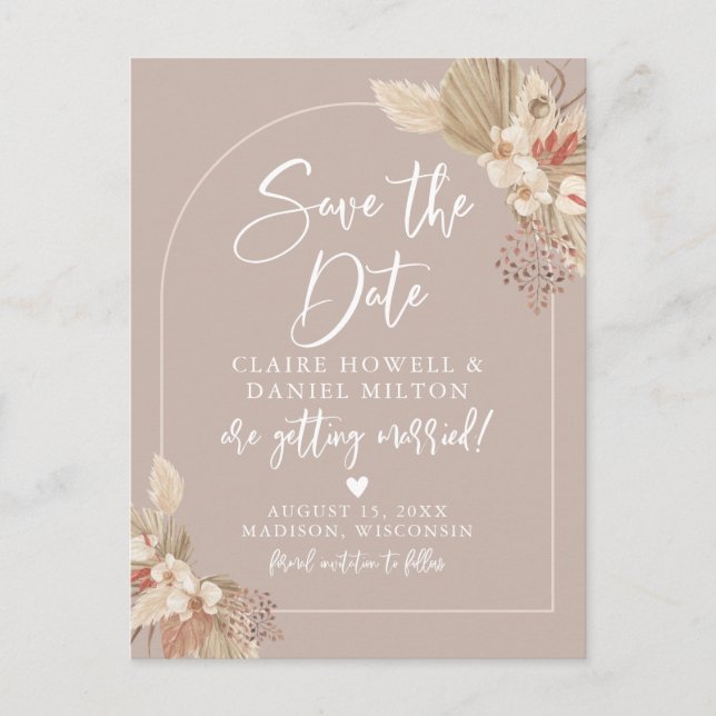 Boho Pampas Grass Neutrals Save The Date Postcard (Front)