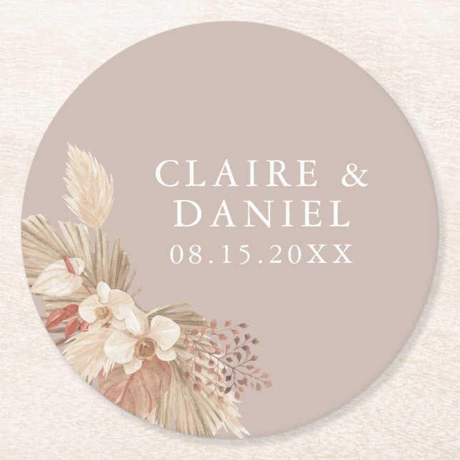 Boho Pampas Grass Neutrals Wedding Round Paper Coaster (Front)