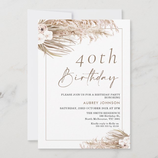 Boho Pampas Grass Orchards Frame Birthday Invitation (Front)