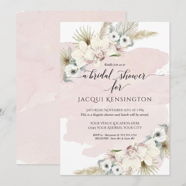 Boho Pampas Grass Orchid Blush Floral Wedding Invitation (Front/Back)