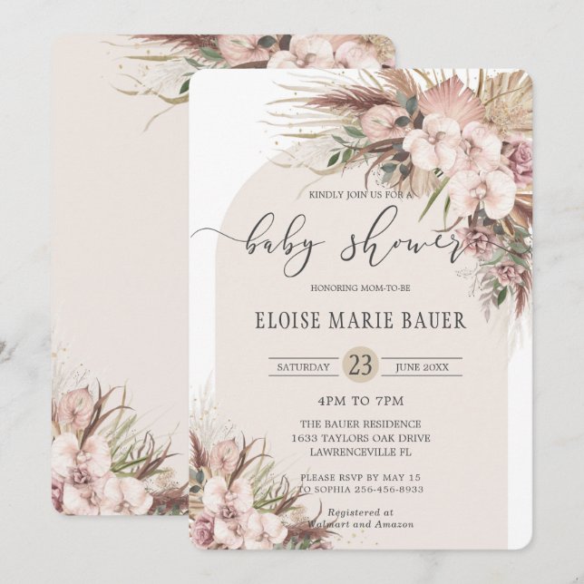 Boho Pampas Grass Orchid Floral Arch Baby Shower Invitation (Front/Back)