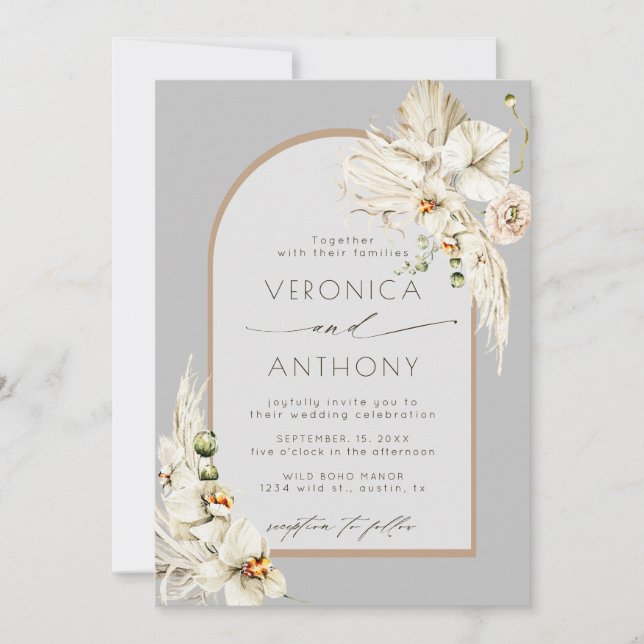 Boho Pampas Grass Orchid Floral Wedding Grey Invitation (Front)