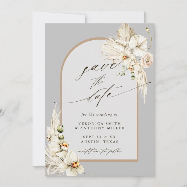 Boho Pampas Grass Orchid Grey Wedding Photo  Save The Date (Front)