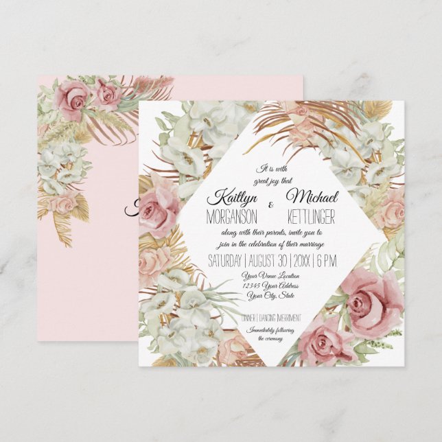 BOHO Pampas Grass Palm Foliage Blush Orchid Floral Invitation (Front/Back)