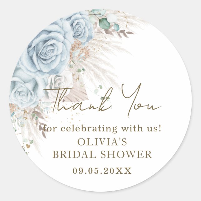 Boho Pampas Grass Pastel Blue Floral Bridal Shower Classic Round Sticker (Front)