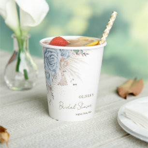 Boho Pampas Grass Pastel Blue Floral Bridal Shower Paper Cups