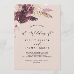 Boho Pampas Grass Peach Monogram Back Wedding Invitation
