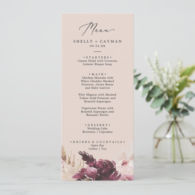 Boho Pampas Grass | Peach Wedding Dinner Menu (Standing Front)