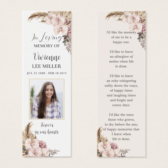 Boho Pampas Grass Photo Funeral Memorial Bookmark (Front & Back)