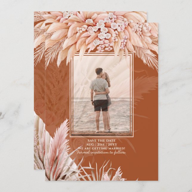 BOHO Pampas Grass PHOTO Terracotta Save The Date (Front/Back)