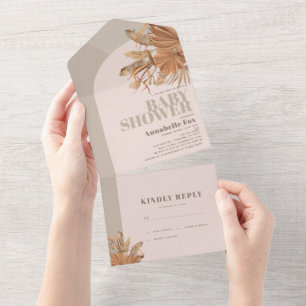 Boho Pampas Grass Pink Baby Shower All In One Invitation