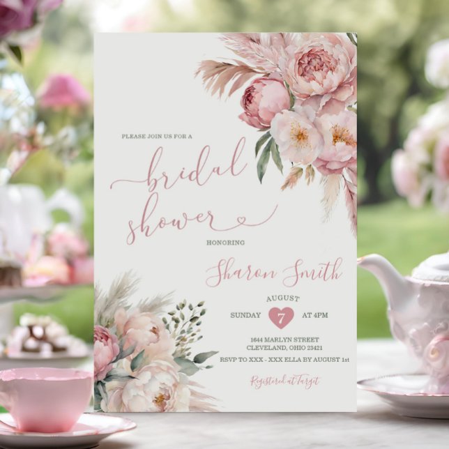 Boho Pampas Grass Pink Dried Flowers Bridal Shower Invitation (Creator Uploaded)