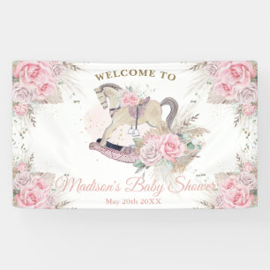 Boho Pampas Grass Pink Floral Rocking Horse Baby Banner