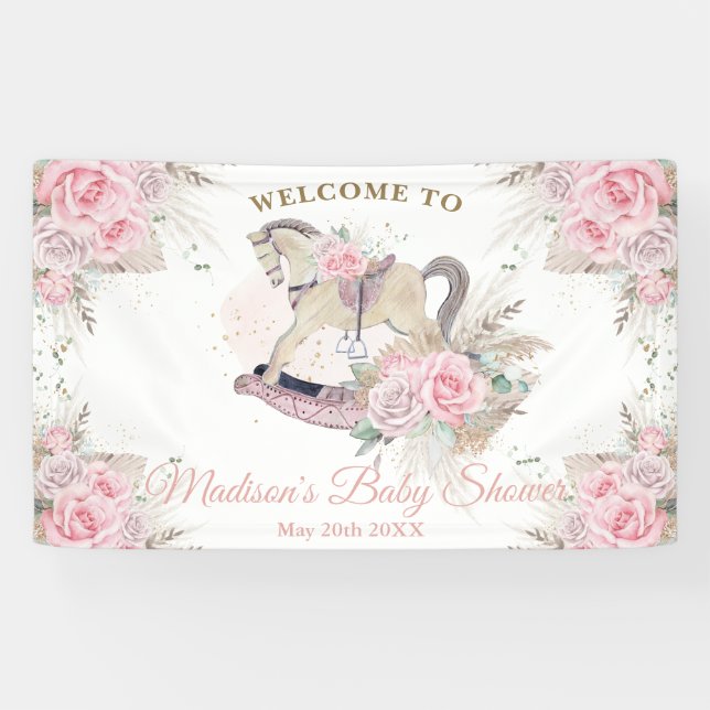 Boho Pampas Grass Pink Floral Rocking Horse Baby Banner (Horizontal)