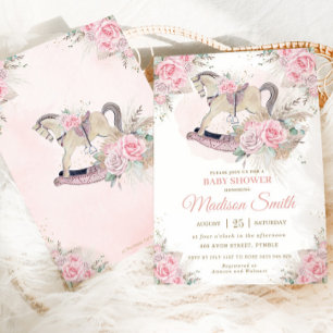 Boho Pampas Grass Pink Floral Rocking Horse Baby Invitation