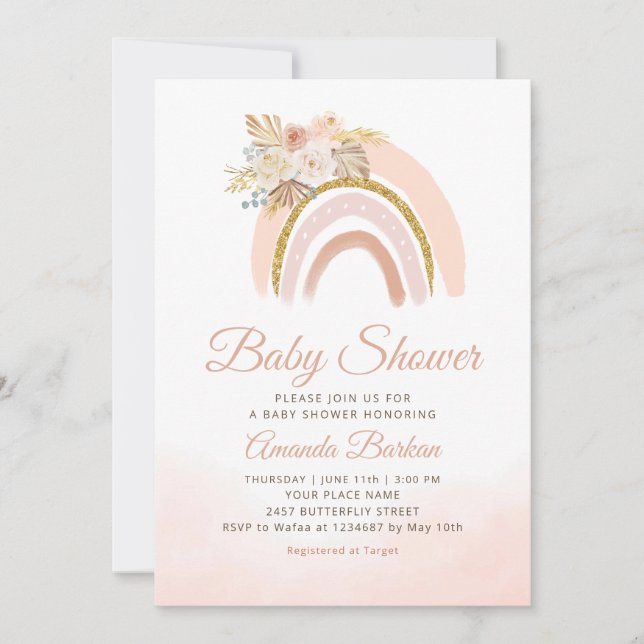 Boho Pampas Grass pink Rainbow girl Baby Shower  Invitation (Front)